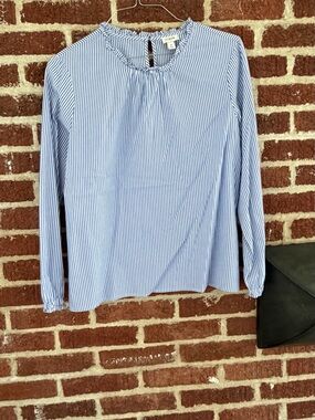 J. Crew Blue & White Striped Ruffle Neck Long Sleeve Top